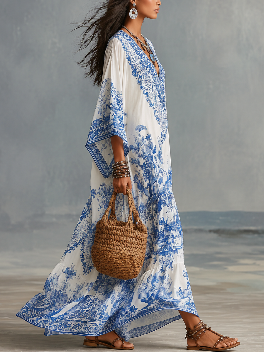 IRIS | Blue Porcelain V-Neck Dress