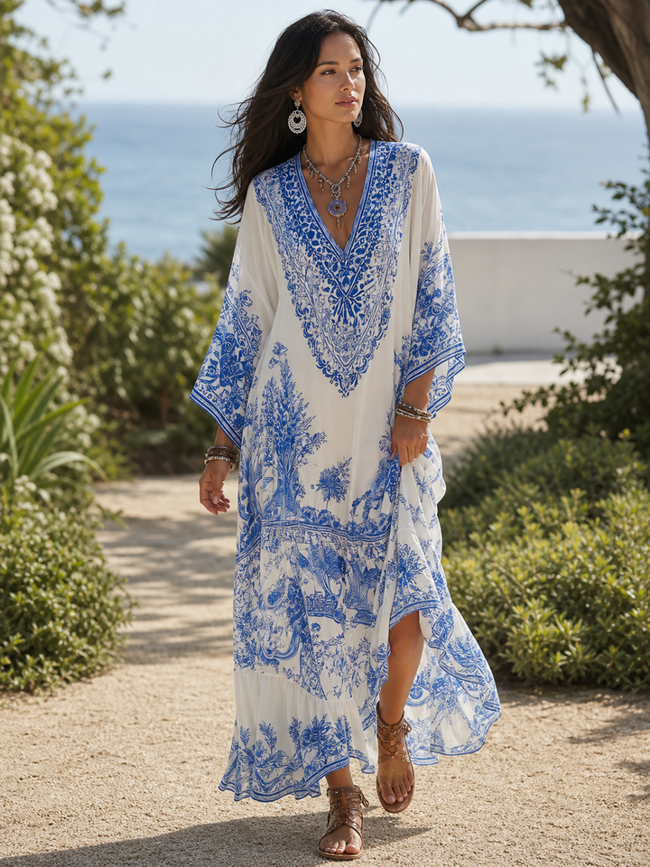 IRIS | Blue Porcelain V-Neck Dress